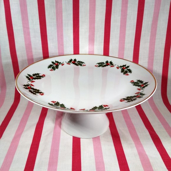 Beautiful Mid Century Holly Berry Ceramic Cake Plate Stand Holiday Server Japan - Picture 11 of 12